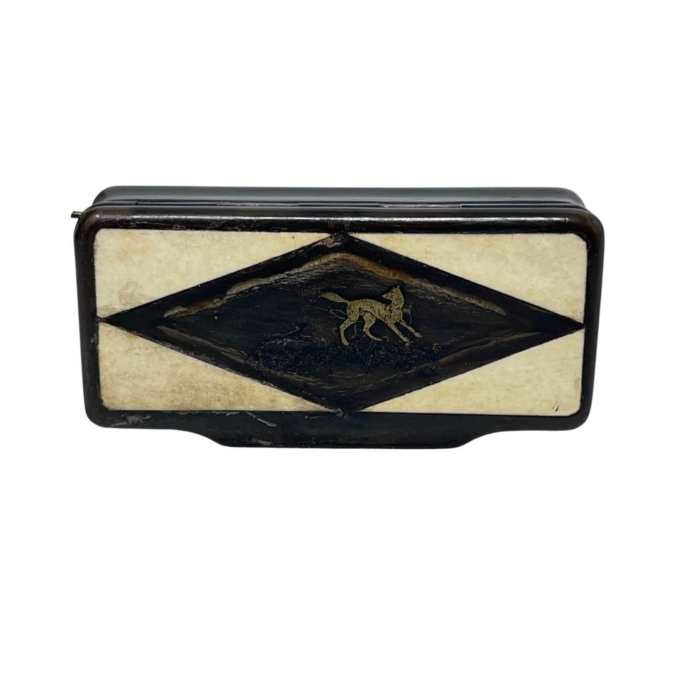 Antique Horn Bone Inlaid‎ Box Fox Motif Victorian Trinket Jewelry Snuff Box Case